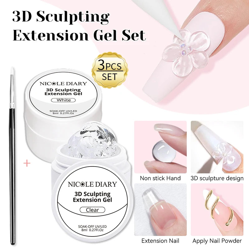 NICOLE DIARY White Non Stick Hand Extension Gel Nail Polish For 3D Shaping Carving Flower DIY Nail Art Extension Acrylic