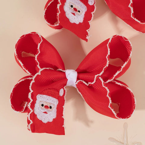 2Pcs Christmas Cartoon Bow Hair Clips Handmade Santa Embroidery Hairpins For Girls Kids Trendy Headwear Hair Accessories Gift