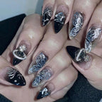 24pcs Sliver Spider Design Fake Nail Halloween Gothic Punk False Nail Tips Wearable European Heavy Metal Almond Press on Nails
