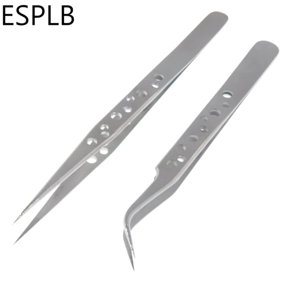 ESPLB Anti-Static Precision Stainless Curved Straight Tip Electronics Industrial Tweezers Silver/Black Phone Repair Hand Tools