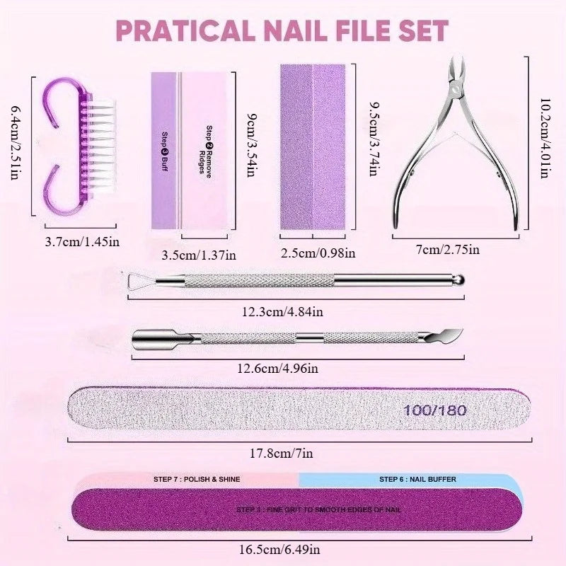 10/15pcs Professional Nail Art Kit with 100/180 Grit Files,Buffer Sponge,Brush,Scissors,Cuticle Nippers Pushers Gel Polish Tools