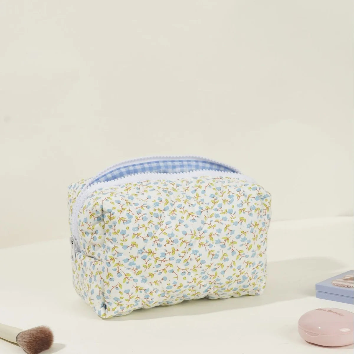 Women's Bag Floral Quilted Cosmetic Bag Large-capacity Cotton Fabric Storage Toiletries Bag For Cute Ladies Checkered Embroidery