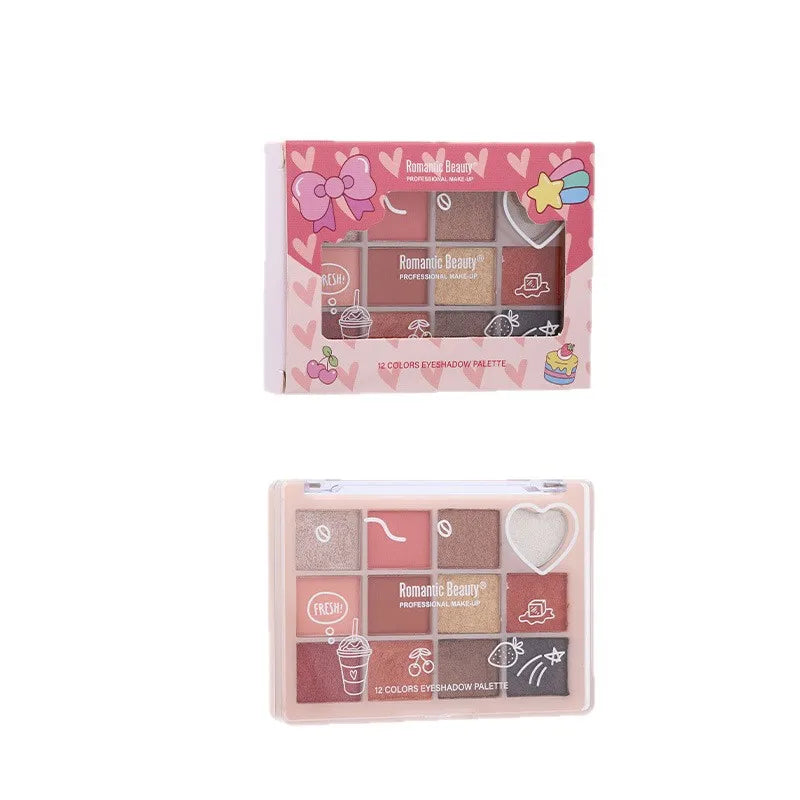 12-in-1 Eyeshadow Palette - Heart Design with Matte & Shimmer Browns, Soft Micro-Sparkle, Long-Lasting & Highly Pigmented