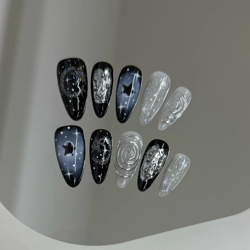 10pcs Handmade Press on Nails Y2k Starry Night Sky Almond Fake Nail Tips Detachable Wearable Sweet Cool False Nails for Girls