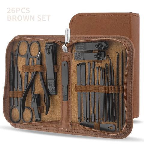 26 pieces brown nail kit Nail clipper kit, stainless steel nail travel kit, nail care kit with luxury storage box