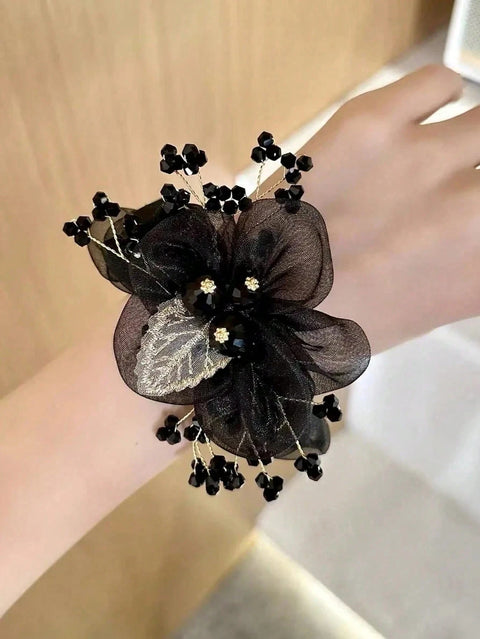 1/2Pcs New Floral & Leaf Design Hair Scrunchie With Rhinestones, Fashionable Hair Accessory With Elegant Feel For Party ,Beach