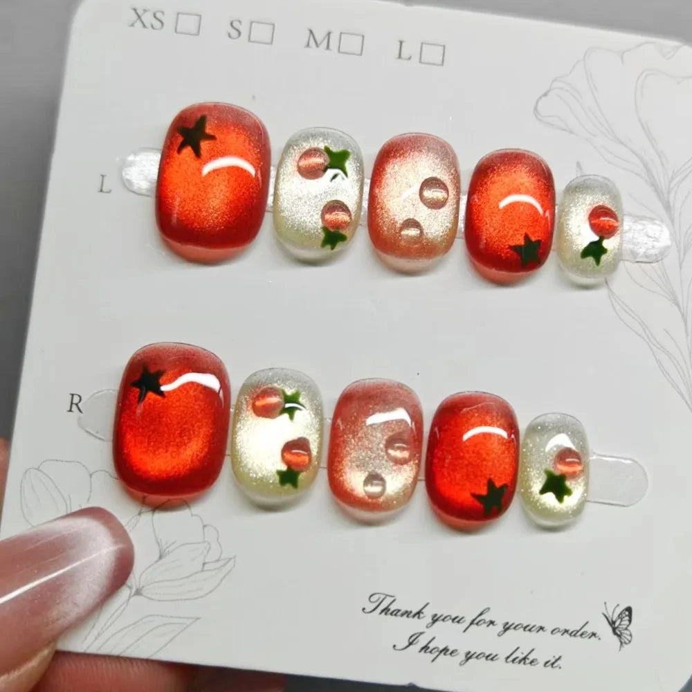 10pcs Handmade Press on Nails Short Square Watermelon Star-Moon  Full Coverage Nail Tips for Women&Girl Removable Wearable nail
