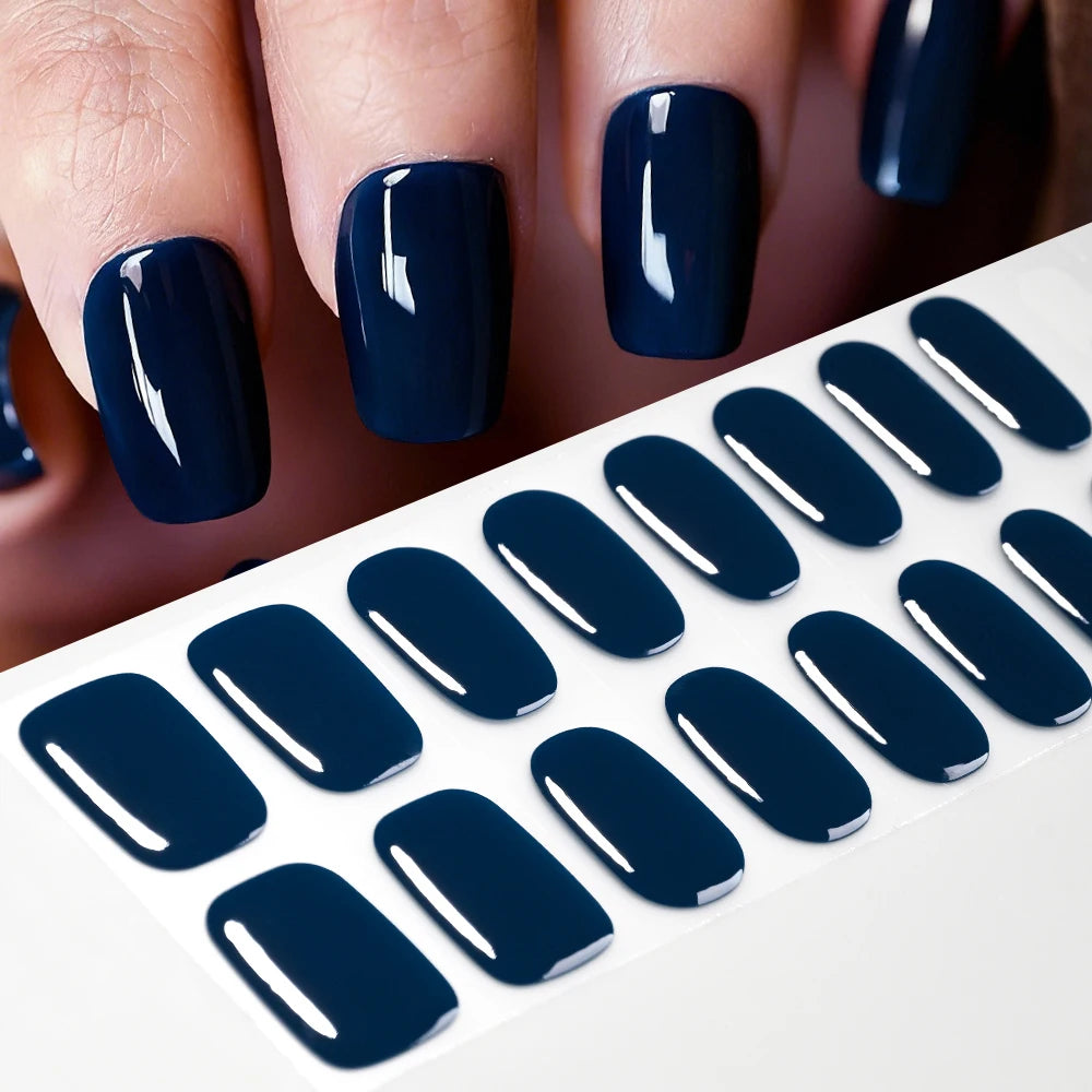 16Tips French Black Semi-Cured Nail Stickers With Glitter Long-Lasting UV Gel Nail Polish Wraps Full Cover Nail Art Decals Patch