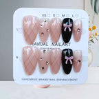 10Pcs French Plaid Bean Paste Pink Powder Butterfly Bowknot with Diamond Press On Nails Korean Style Girl Nail Patch Fake Nails