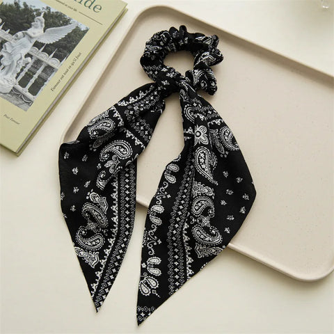 2023 Fashion Print Chiffon Long Ribbon Scrunchies Women Girls Ponytail Scarf Elastic Hair Bands Ties Hair Accessories Wholesale