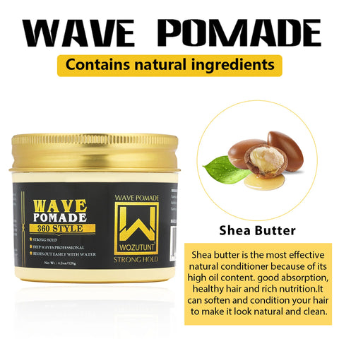 Shea Butter Wave Control Pomade Kit 360 Style Strong Hold Long Lasting Curly Hair Cream With Brush Silk Rag Cap Tool Accessony