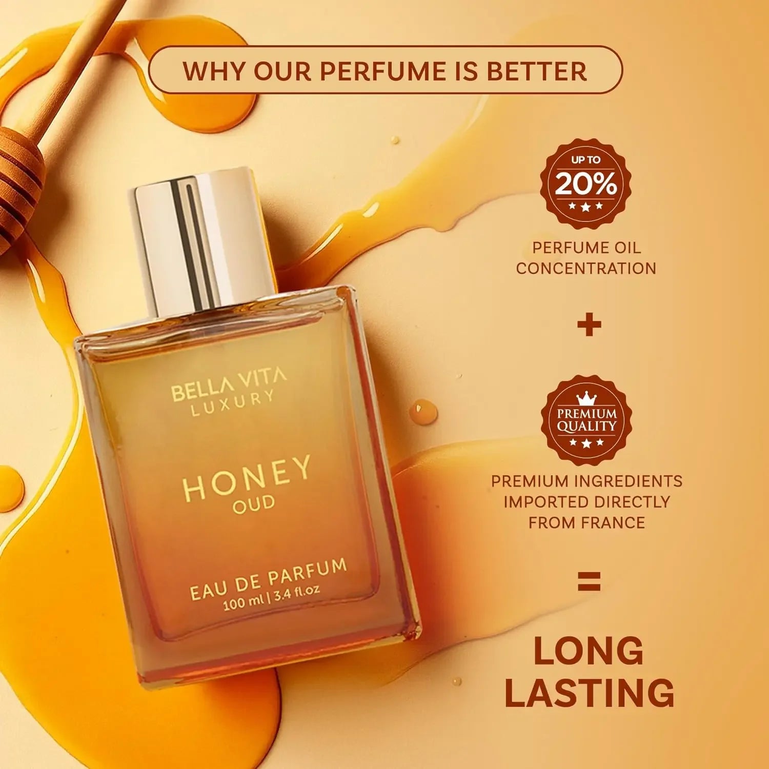BellaVita Luxury Honey Oud EDP 3.4oz / 100ml Warm Sweet Amber Vanilla Long Lasting Unisex Perfume Ideal Holiday Gift