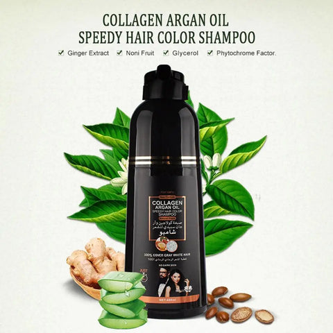 Collagen Argan Oil Black Hair Dye Shampoo 400ml 3-in-1 Nourishing Formula for Gray Hair, Long-Lasting Color for Men Women