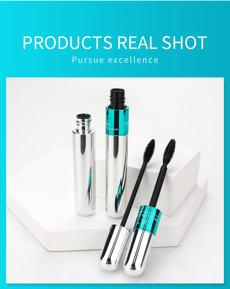 QIC Double Effect 4D Mascara Waterproof Long Curl Natural Thick Eyelash 2-in-1 Black Mascara with 2 Brush Heads