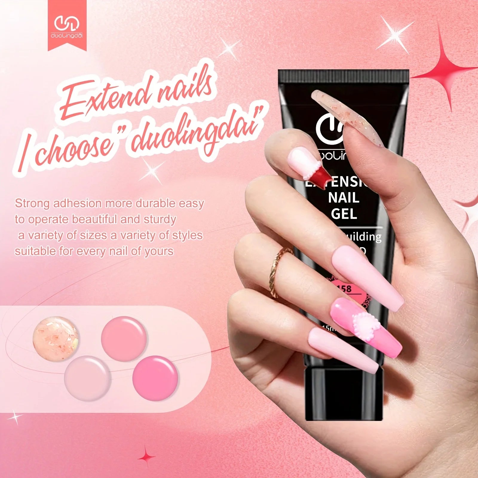Poly Gel Nail Kit Starter with 4 Colors (Natural Clear + 3 Tones) - Quick Dry Nail Polish, / Curable DIY Gel Nail Polish for