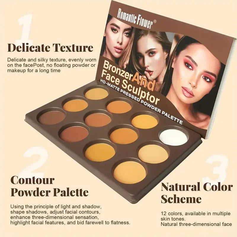 Matte Pressed Powder Bronzer & Face Sculptor Palette 12 Colors Long-Lasting Natural Waterproof Female Cosmetic Trimming