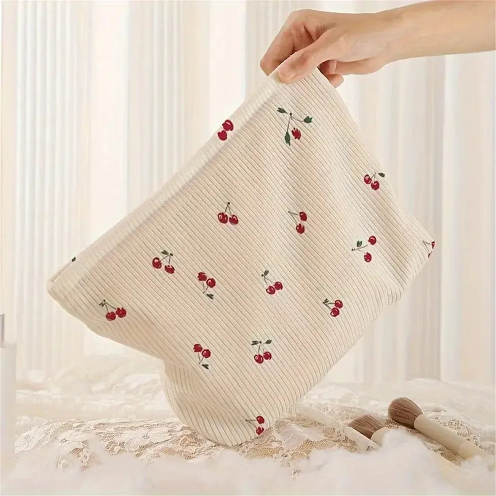 Hand Painted Cherry Corduroy Drawstring Makeup Bag Lightweight Travel Toiletry Pouch Bohemian Style Cosmetic Organizer