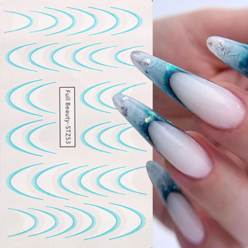 8pcs Gradient French Line Water Nail Stickers Set Colorful Stripe Ombre Designs Decals Guides for DIY Decoration Stencil Tools