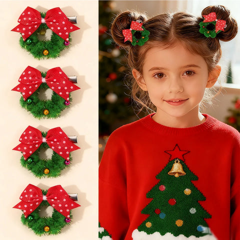 2Pcs Christmas Wreath Hair Clips With Red Polka Dot Bows Cute New Year Hairpins For Girls Children New Headwear Accessories