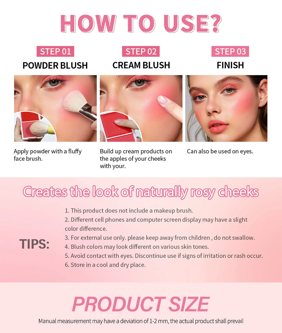Lakerain 2in1 Cream & Powder Blush Palette Natural Long-lasting High Pigment Blush Makeup Pan Clear Vitality Girl Blush Palette