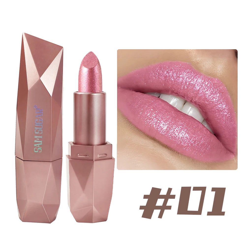 Diamond Glitter Lipstick Long Lasting Waterproof Moisturizing Highly Pigmented Metallic Shine Pearlescent Non Stick Cup Lipstick
