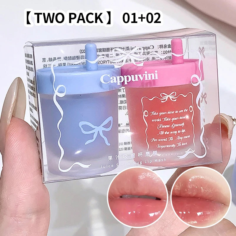 Cappuvini Juice Straw Cup Lip Mask Fruit-Flavored Lip Care Moisturizing for Day and Night in Autumn and Winter Prevents Chapped Lips Long-Lasting Moisturizing Improves Lip Lines Deeply Moisturizing Care High-Quality Lip Balm