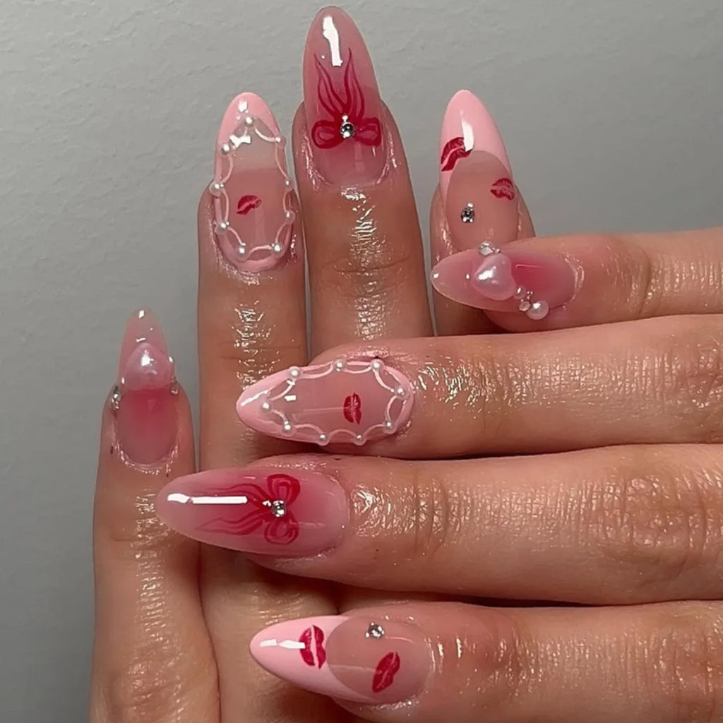 24pcs Sweet False Nail Patches Detachable Fake Nail Tips With Bowknots Love Heart Pearl Design Pink Almond Korean Press On Nail