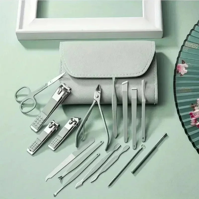 16Pcs Stainless Steel Nail Clippers Cuticle Nippers Set Portable Travel Case Household Manicure Pedicure Grooming Supply