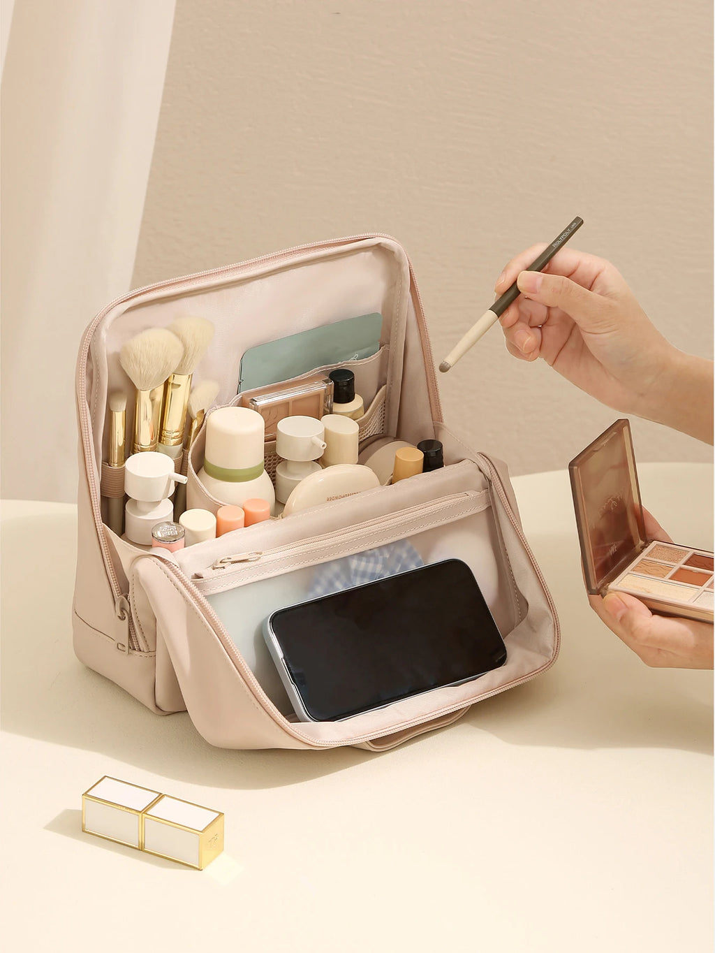 1Pcs Premium PU Leather Vertical Travel Makeup Bag - Multi-Compartment, Large-Capacity & Portable Toiletry Organizer