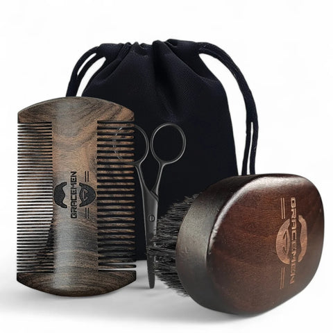Gracemen Beard Kit - Retro Beard Brush & Dark Wooden Comb & Stainless Steel Scissors Gift Grooming Set for Men With Storage Bag