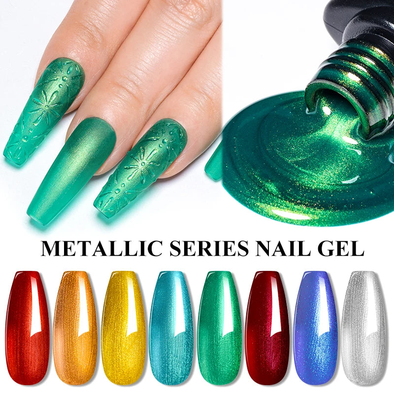 MEET ACROSS 8 Colors Mirror Gel Nail Polish Long-lasting Quick-drying Metallic Gold Silver Red Semi Permanent Varnish Nail Art