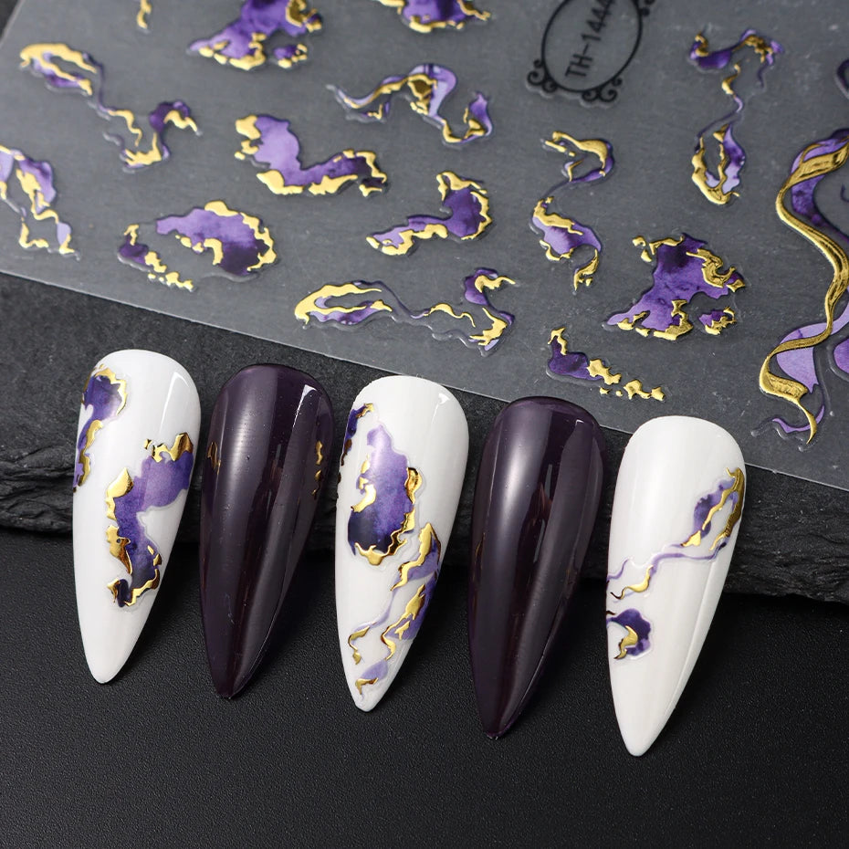 Nails Stickers Purple Blue Brown Ink Design Decals Gold Decorations Art Self-Adhesive Holographic Gel Slider Manicure Supplies