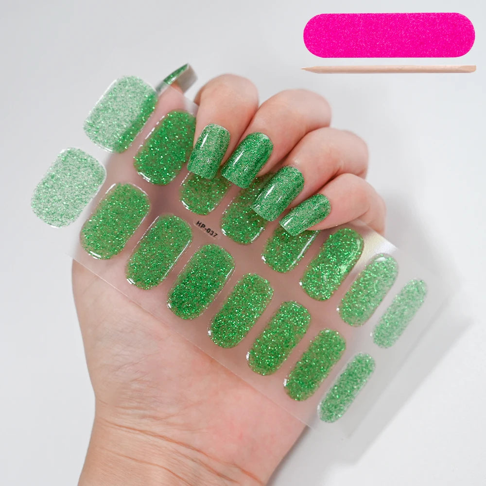 16Tips French Black Semi-Cured Nail Stickers With Glitter Long-Lasting UV Gel Nail Polish Wraps Full Cover Nail Art Decals Patch