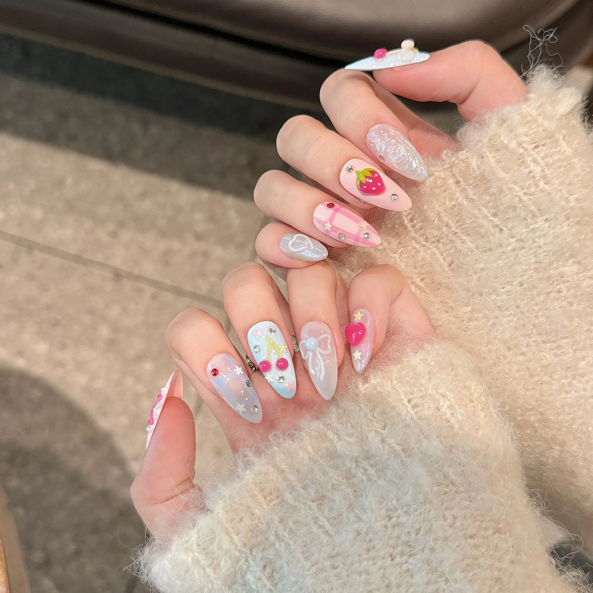 Handmade Press on Nails Ins Sweet Pink Blue Color Fake Nails for Girls Wearable 3D Cherry Love Star Korean Cute False Nail Tips