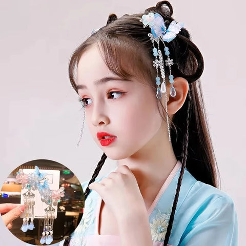 2pcs Hanfu Hair Clips Hairpins Rhinestone Flower Girls Pink Barretes Crystal Tassel Children Hair Accessories Jewelry