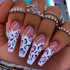 Medium long fake nails for women girls Y2K colorful gradient leopard print Pink green coffee coffin tips press on false nail set