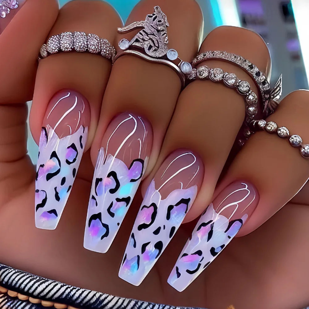 Medium long fake nails for women girls Y2K colorful gradient leopard print Pink green coffee coffin tips press on false nail set