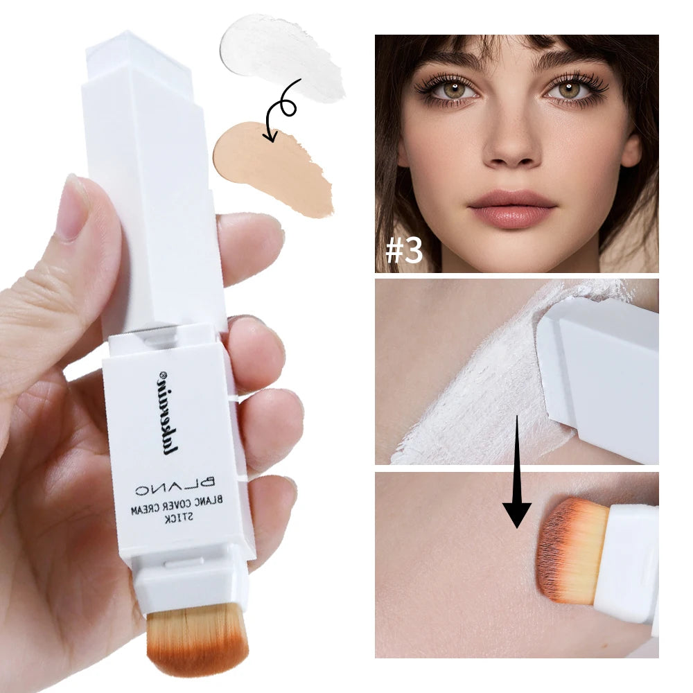 Dual-Ended White Color Changing Foundation Stick With Brush Makeup Smoothly Blending Moisturizing Brightening For All Skin Type
