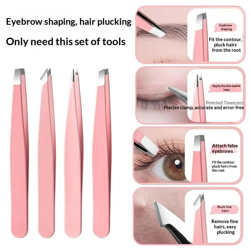 4 Pcs Stainless Steel Eyebrow Clip Tweezers Set Eyebrow Tweezers Eyebrow Trimming Set Beauty And Grooming Tools With Mirror Case