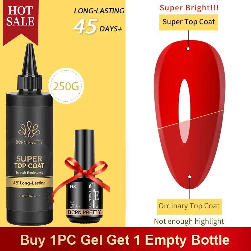 BORN PRETTY 250g Super Top Coat Base Gel Soak off UV LED Drying Long Lasting Semi Permanent Jelly Nude Pink Gel Nail Polish