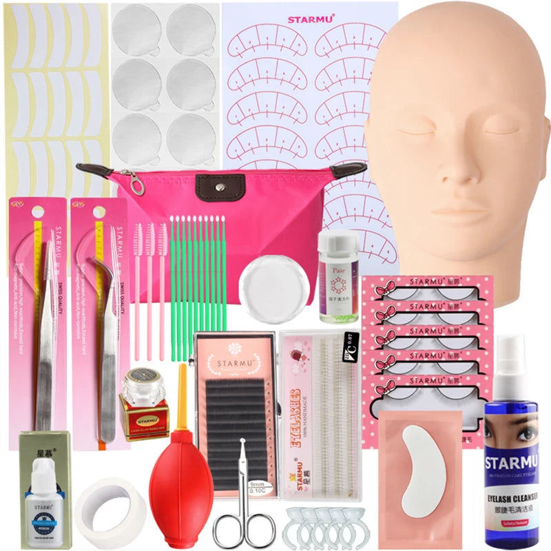 False Eyelash Extension Kit Set for Beginner Lash Brush Tweezers Glue Ring Eye Pad Eyelash Extension Supplies Lash Accessories