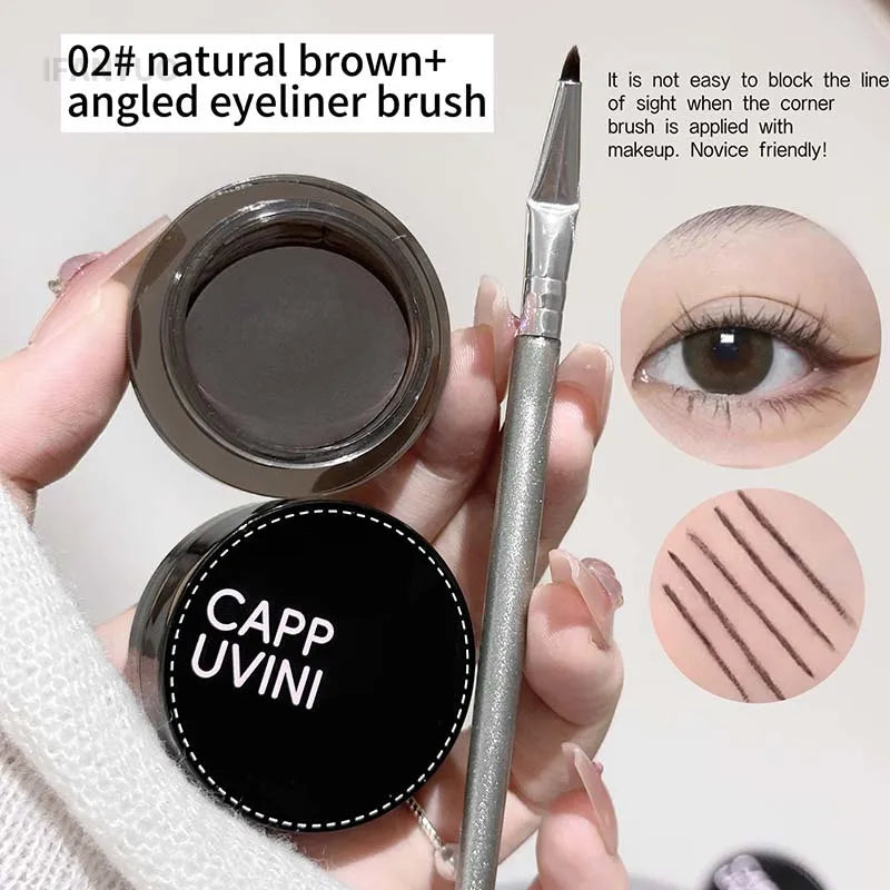 Natural Black Eyeliner Gel Cream with Brush Waterproof Lasting Non Smudging Matte Brown Easy Wear Eyebrow Silkworm 3 in 1 Makeup