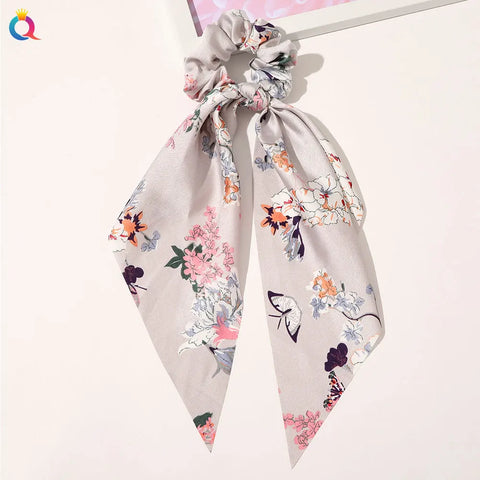 2023 Fashion Print Chiffon Long Ribbon Scrunchies Women Girls Ponytail Scarf Elastic Hair Bands Ties Hair Accessories Wholesale
