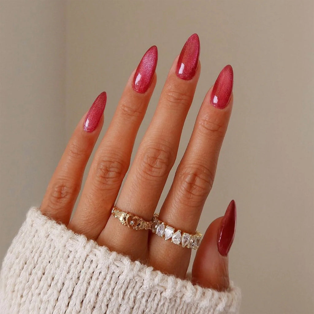 24pcs Pink Shiny Press-on Nails Cat Eye Glitter Artificial Nail Patch For Lady Women Manicure DIY Art Supplies with Jelly Glue