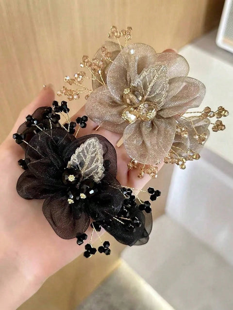 1/2Pcs New Floral & Leaf Design Hair Scrunchie With Rhinestones, Fashionable Hair Accessory With Elegant Feel For Party ,Beach