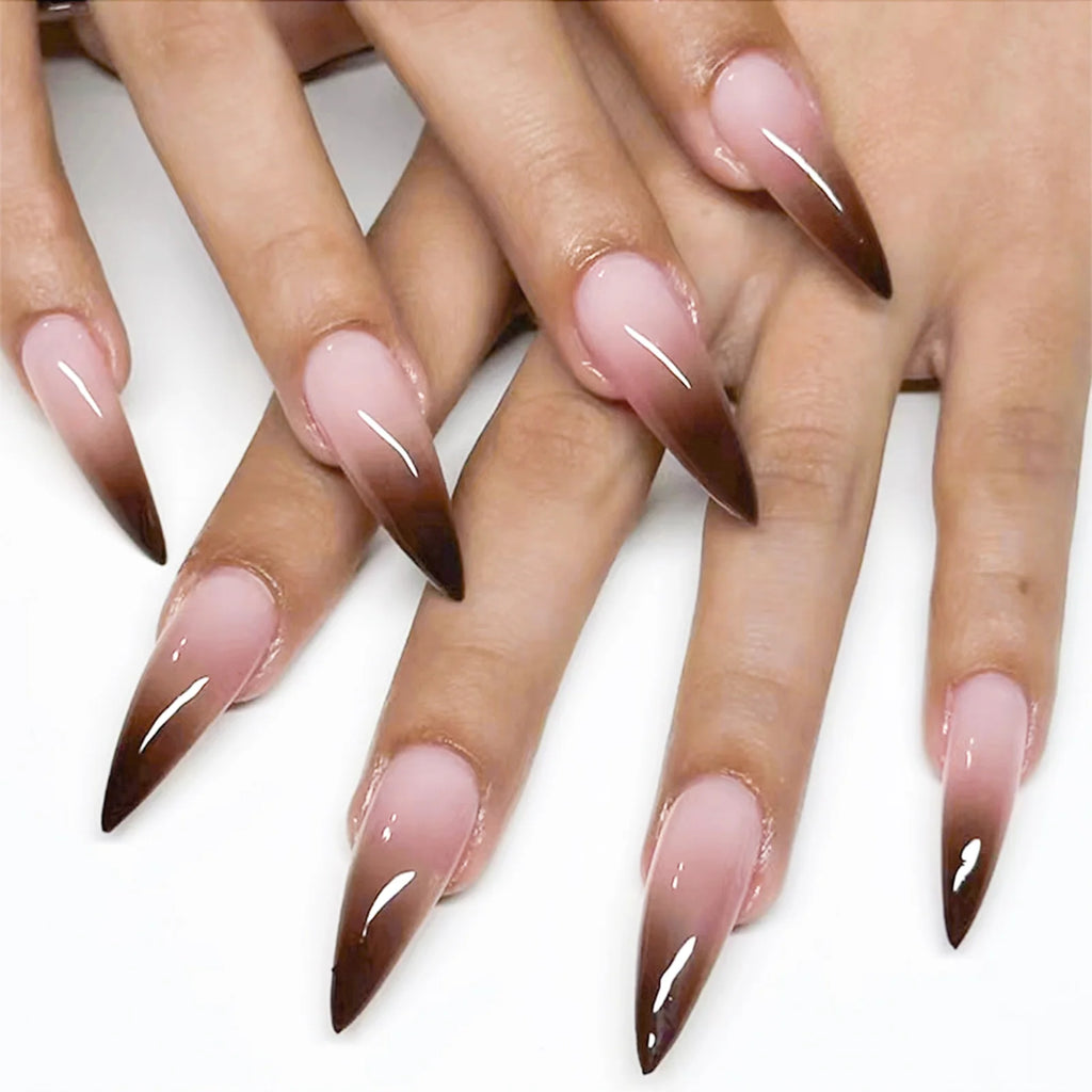 24pcs Black Gradients Long Paragraph Fashion Manicure Patch Reusable Adhesive False Nails Almond Fake Nails Press On Stiletto