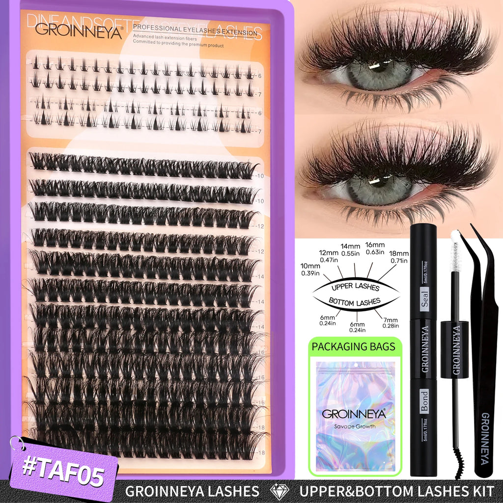 GROINNEYA Lashes Clusters Kit With Lash Bond And Seal And Eyelash Tweezers Waterproof Strong Hold DIY Lash Extension Kit Makeup
