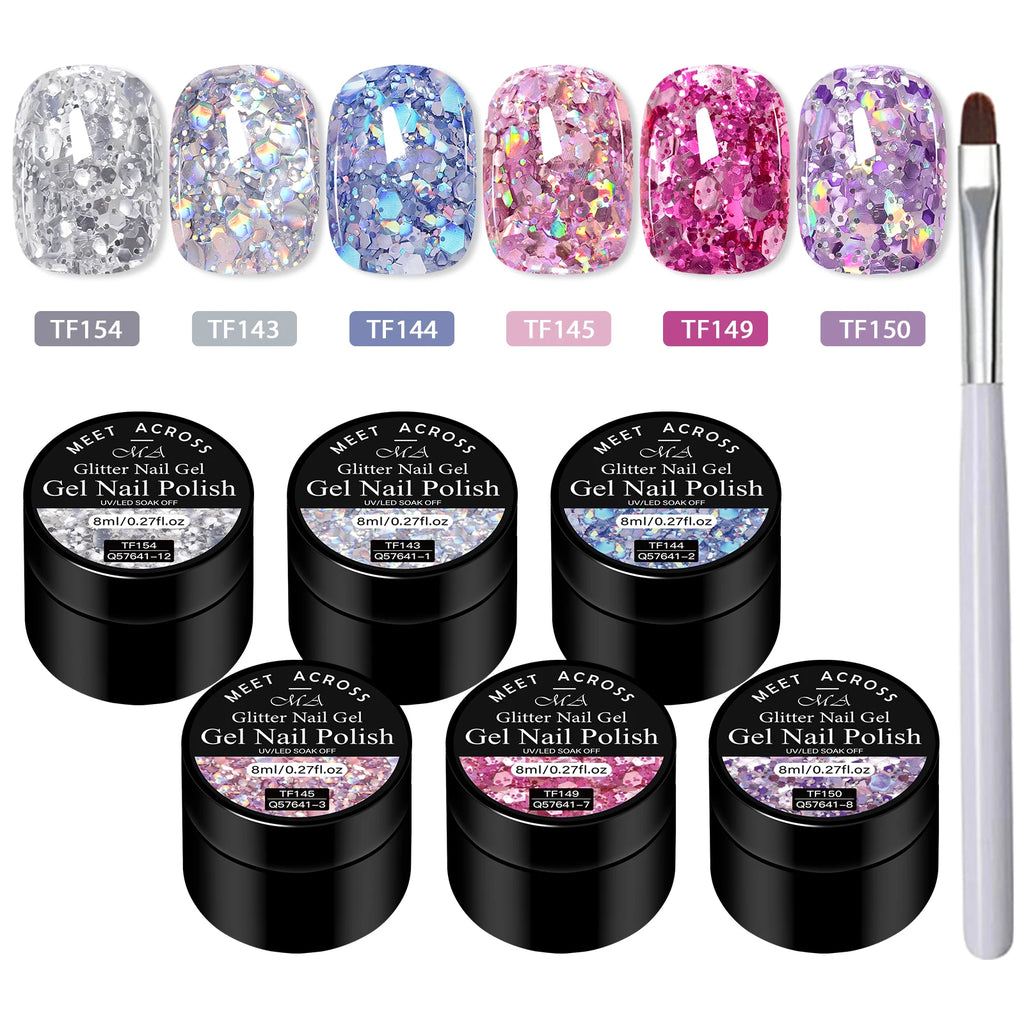7pcs Glitter Sequins Gel Nail Polish Set Pink Silver Laser Glitter Semi Permanent Soak Off UV Gel Varnish Manicure Nail Supplies