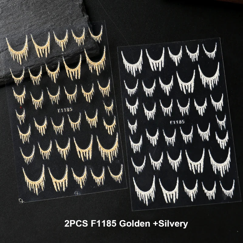 Reflective Glitter French Nail Art Stickers Sparkly Gold Silver Tassel Line Geometric Grids Adhesive Sliders Decals DIY Manicure