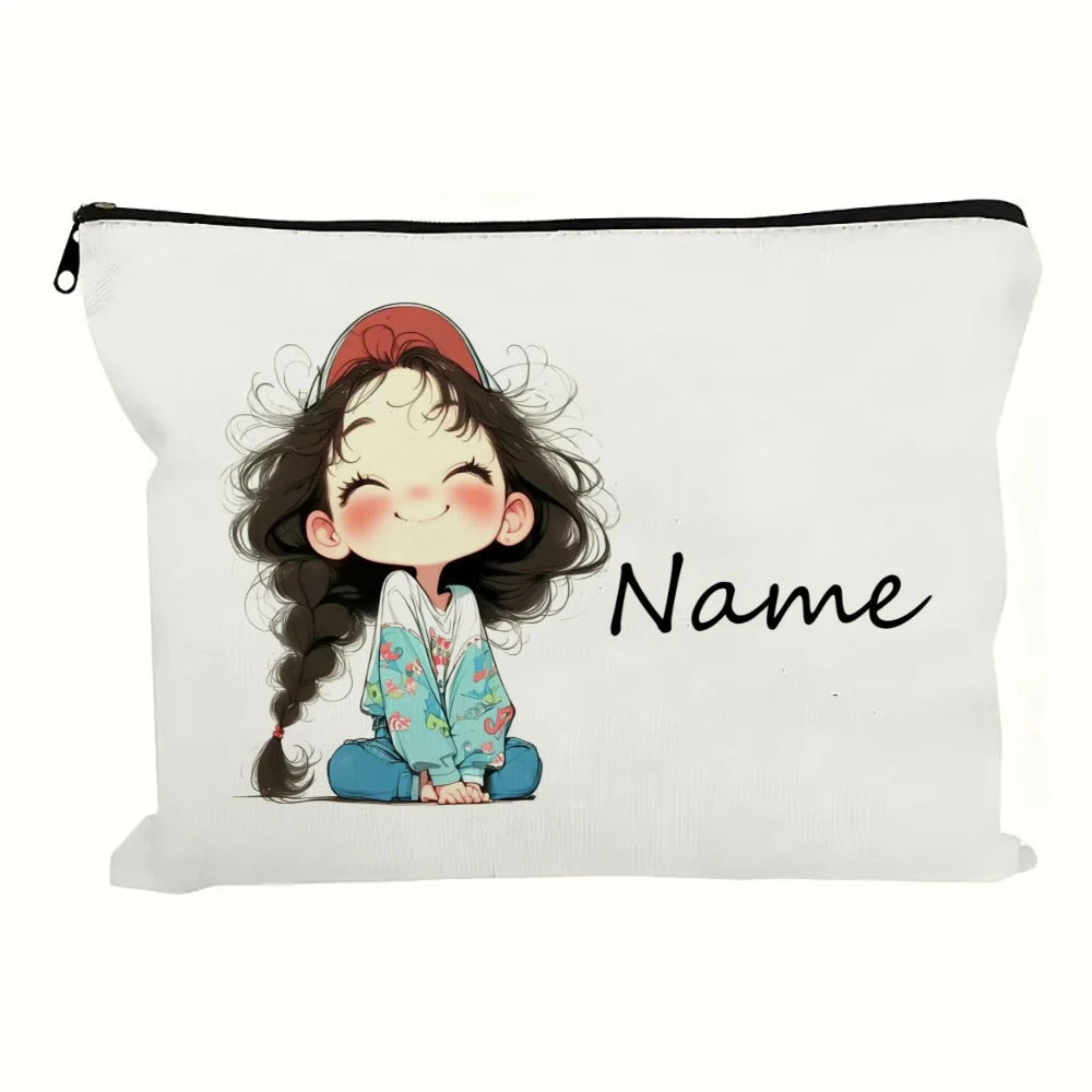 Custom Name Vintage Cute Girl Pattern Makeup Bag Handbag Toiletry Bag Pencil Case Holiday Gift Cosmetic Bag